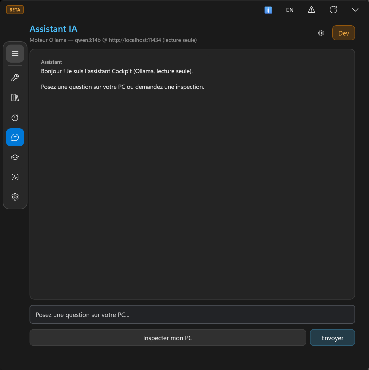 Assistant IA Cockpit — questions sur votre configuration PC
