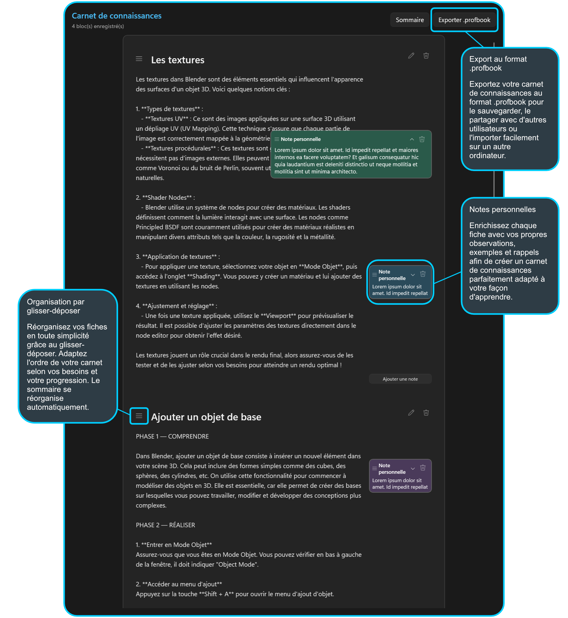 Présentation détaillée du carnet de connaissances avec le glisser-déposer, les notes personnelles et l’export au format .profbook.