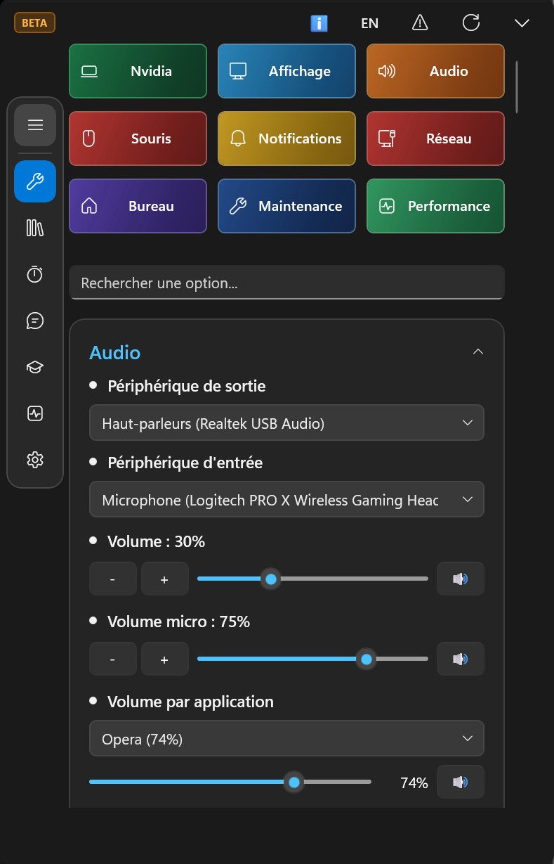 Interface principale Cockpit — options centralisées Windows et GPU