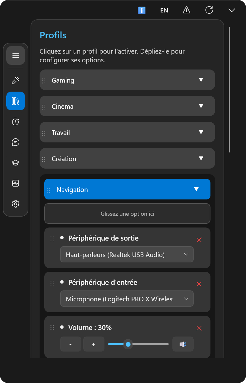 Gestion des profils Cockpit pour gaming, streaming et création