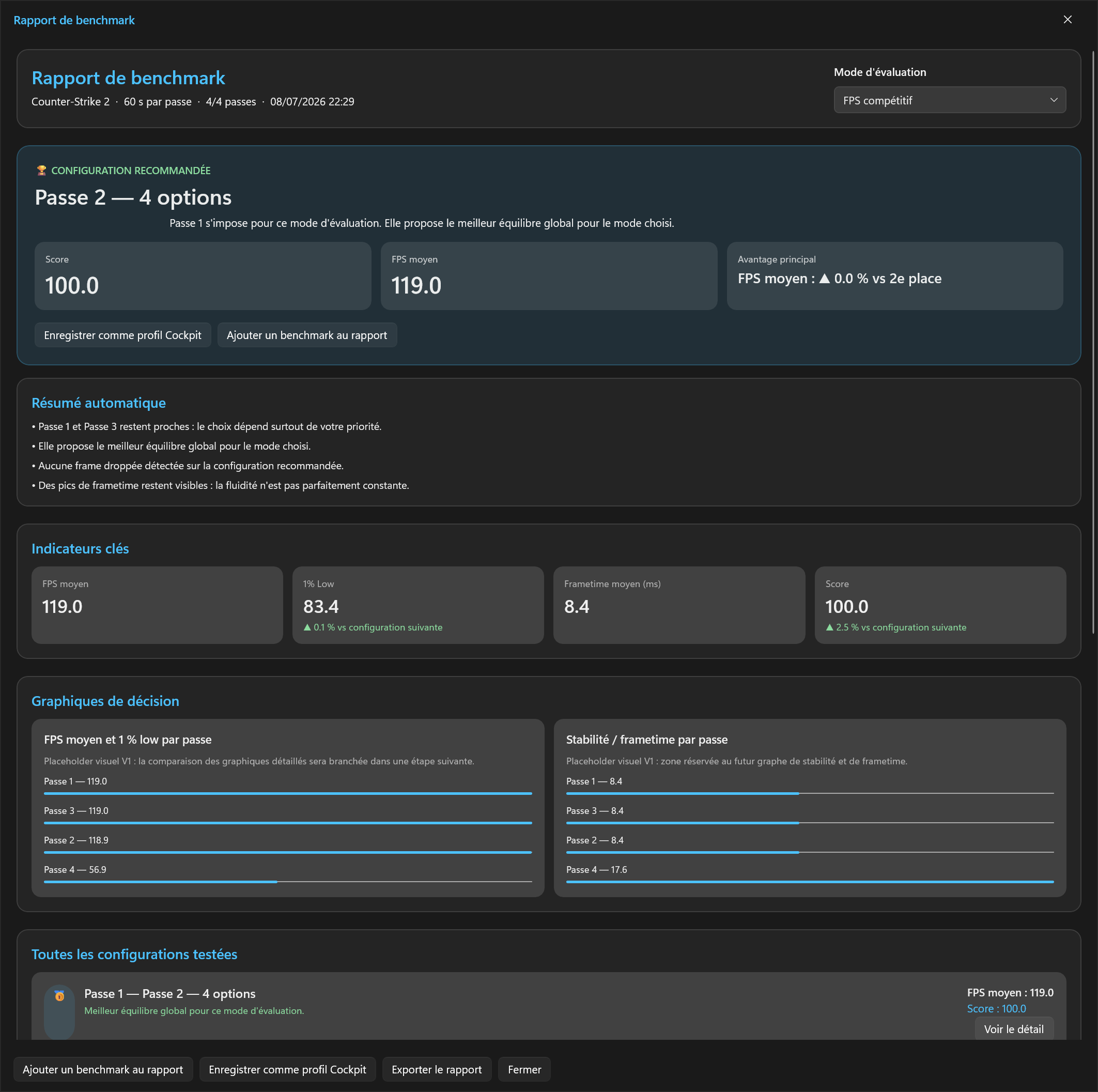 Rapport de benchmark Cockpit — comparaison des passes