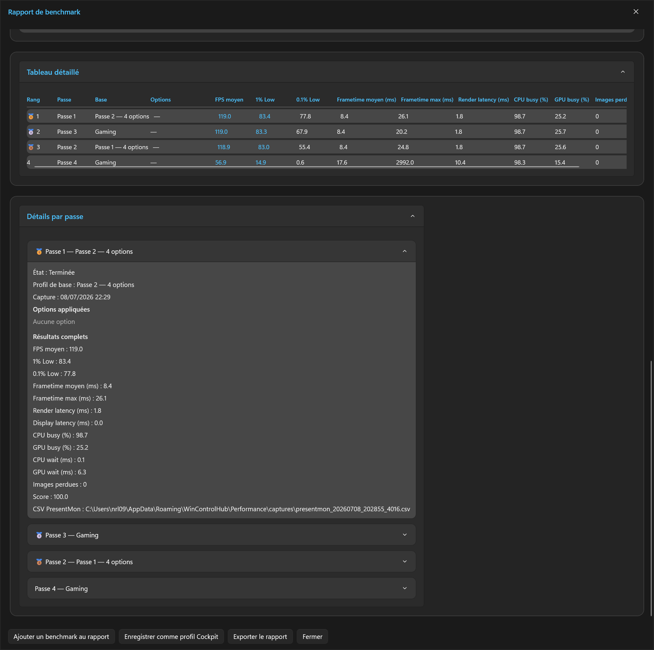 Rapport de benchmark Cockpit — classement des configurations